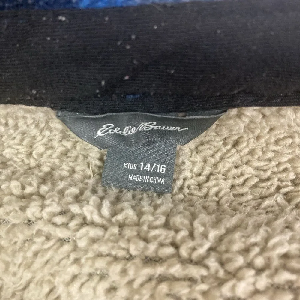 Eddie Bauer Sherpa-Lined Fleece Youth Sz 14/16 Blue Plaid Snap-Up Shacket